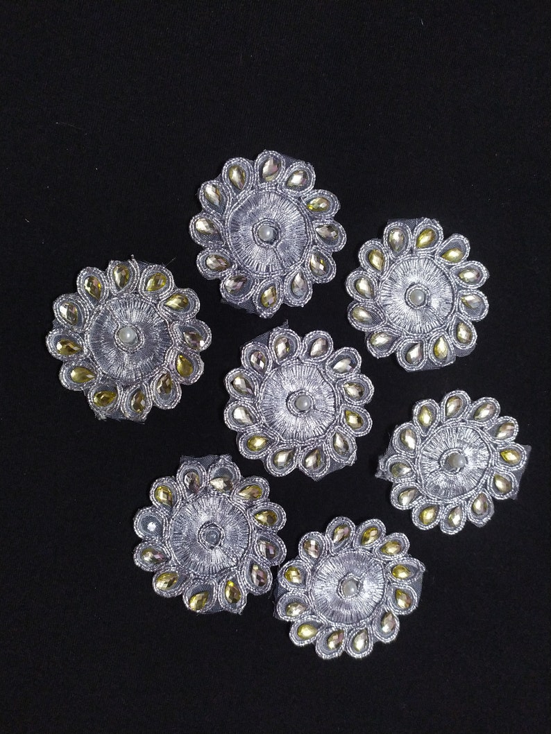 2 Pieces Indian Silver Color Floral Beaded Design Patch Applique Used in Different Designing in Multi Artifacts