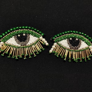 1 Piece Indian Green White And Multi Colour Eye Design Beaded Pipe Tassels Patch Applique Used in Different Designing in Multi Artifacts