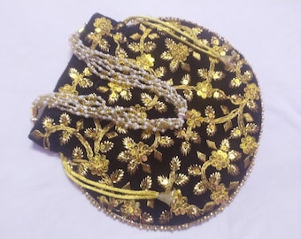 Sequin Beaded Potli Purse, Gold & Black Indian Wedding Gift