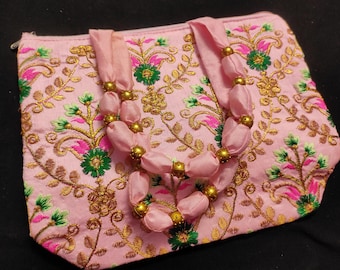 Handmade Pink & Gold Sequin Bag: Embroidered Indian Purse