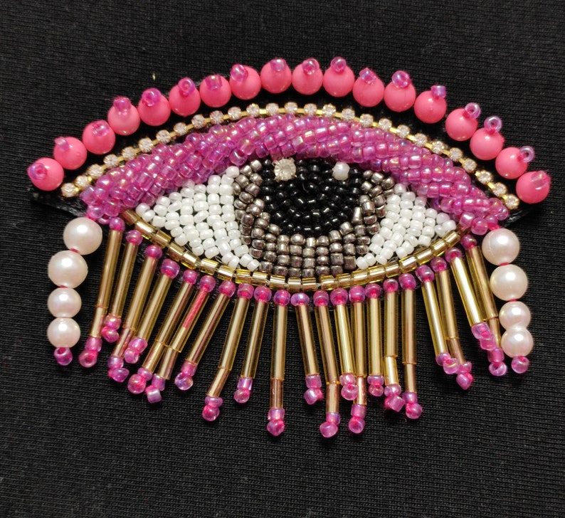 Indian Pink White Black And Multi Colour Eye Design Beaded Work Pipe Tassels Patch Applique Used in Different Designing in Multi Artifacts image 9