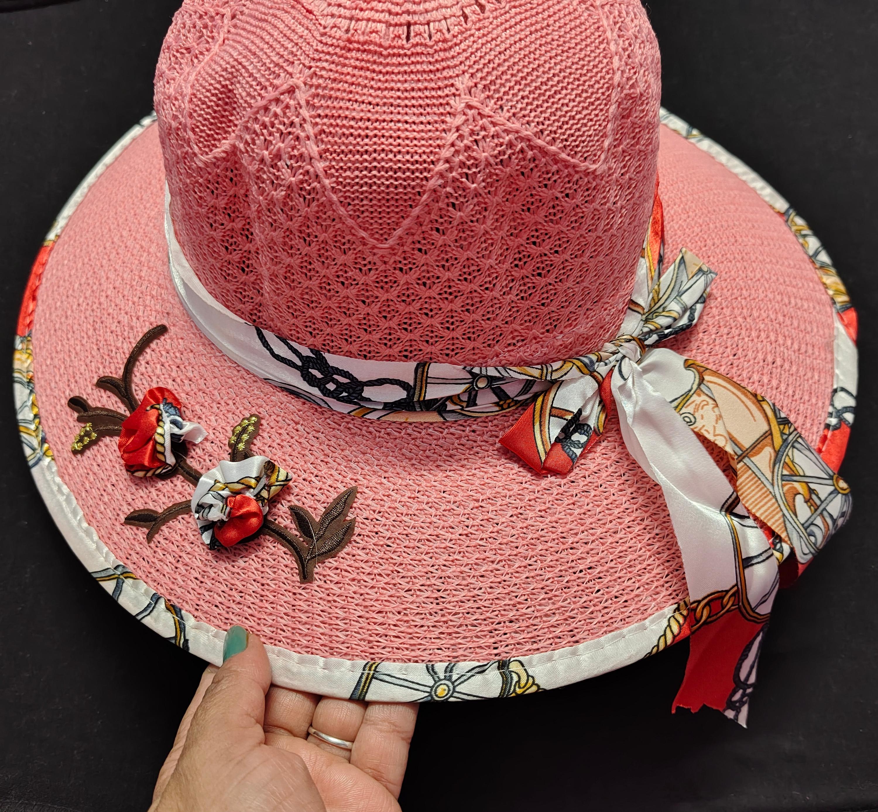 Handmade Peach Floral Straw Hat: Wide Brim Beach Hat With  display picture 2