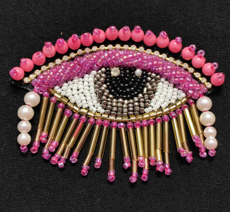 Indian Pink White Black And Multi Colour Eye Design Beaded Work Pipe Tassels Patch Applique Used in Different Designing in Multi Artifacts image 2