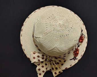 Handmade Cream Floral Straw Hat: Wide Brim Beach Hat with Bow