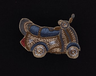 This Is Grey And Copper Gold Color Beaded Embroidered Scooter Design Applique Used in Different Designing in Multi Artifacts