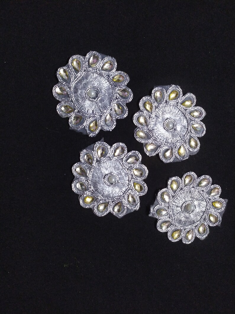 2 Pieces Indian Silver Color Floral Beaded Design Patch Applique Used in Different Designing in Multi Artifacts