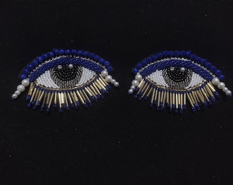 Beaded Eye Applique: Blue, White & Gold Tassel Patch