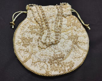 Cream And Gold Embroidered Potli Bag: Handmade Indian Wedding Purse