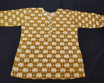 Indian Traditional Elephant Print Cotton Short Kurti, Mustard Yellow Summer Wear