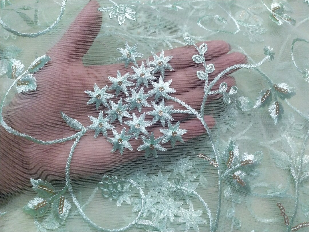 Light Green Sequin Embroidered Net Fabric: Floral Design - Etsy