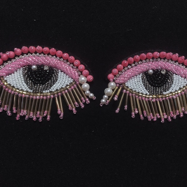 Indian Pink White Black And Multi Colour Eye Design Beaded Work Pipe Tassels Patch Applique Used in Different Designing in Multi Artifacts