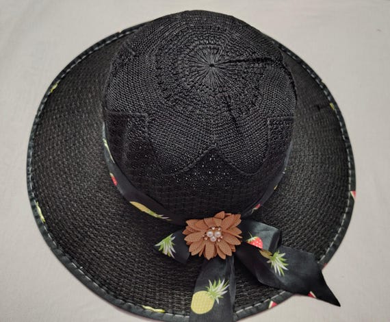 Handmade Straw Beach Hat: Black Wide Brim With Bow - Etsy display picture 1