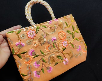 Handmade Sequin Embroidered Bag: Peach Pink Indian Purse