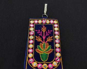 Handmade Embroidered Floral Mobile Pouch: Jaipuri Faux Mirror Velvet Clutch