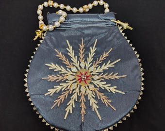 Handmade Gray & Gold Potli Purse: Beaded Indian Wedding Favor Bag