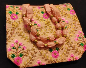 Peach Pink Sequin Embroidered Bag: Indian Wedding Purse