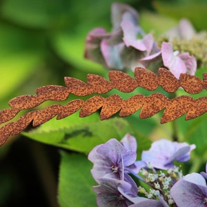 May include: A rusty metal fern leaf design with a delicate, intricate pattern. The leaf is a decorative accent for a garden or home.