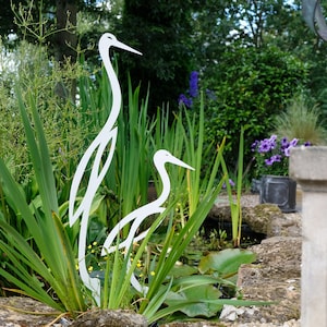 Herons Garden Sculpture (Pair) in Stainless Steel -Heron Garden Ornament- Garden Sculpture -Metal Garden Art - White /Orange Heron Ornaments