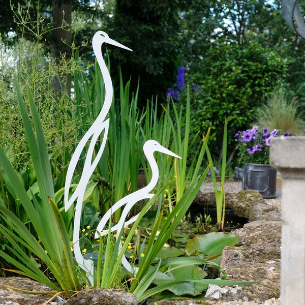 Herons Garden Sculpture (Pair) in Stainless Steel -Heron Garden Ornament- Garden Sculpture -Metal Garden Art - White /Orange Heron Ornaments