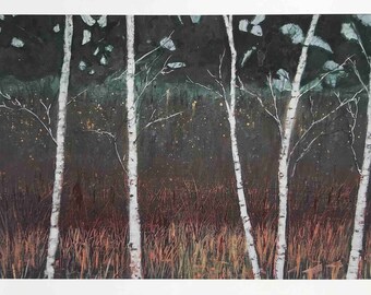 Birches and Dogwood Fine Art Giclee Print from original Mixed Media painting by Scottish Artist Louise Carrie
