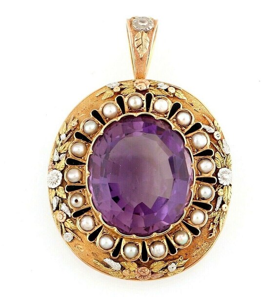 18k gold amethyst pearl pendant brooch