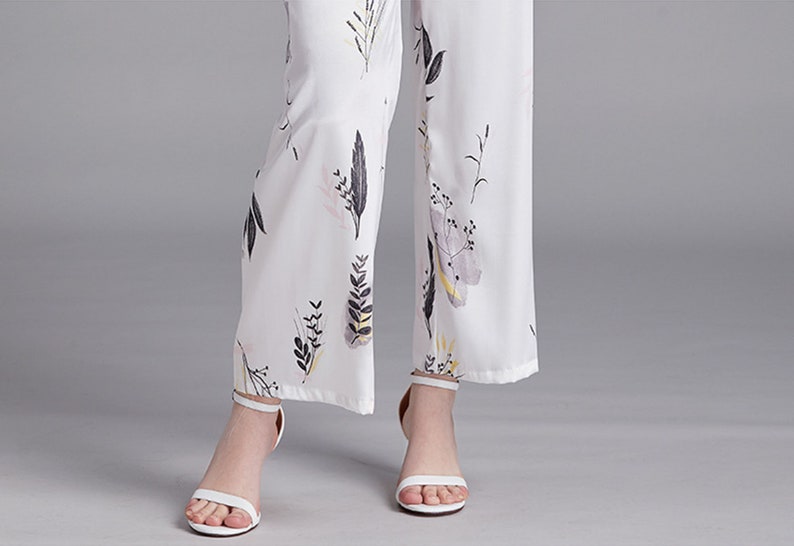 White Black Leaves Sleepwear Women Clothing Silk Printed Feathers Pajamas Soft Women Nightgown Set