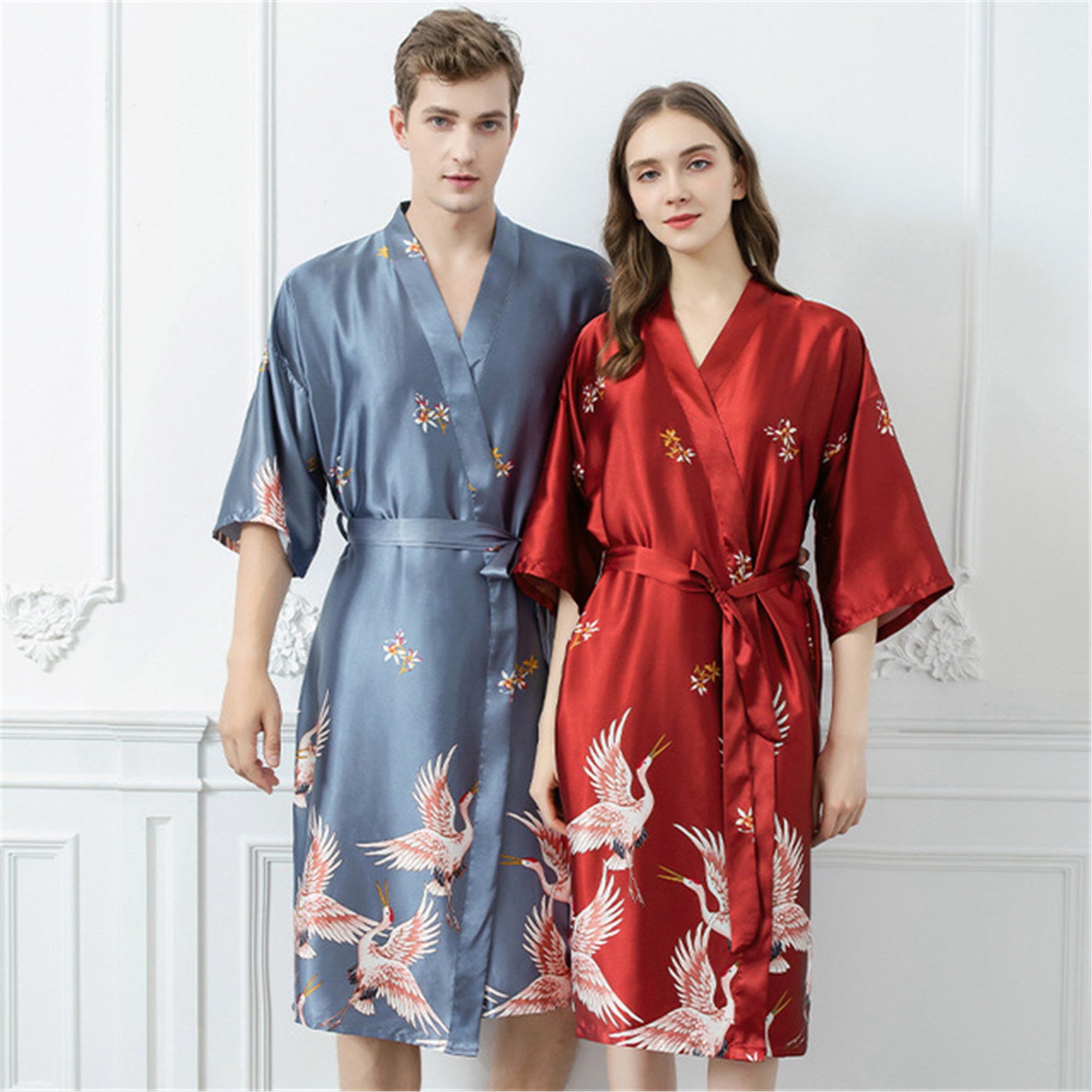 Red/Black/Blue Chinese Crane Couple Silk Pajamas Set Comfy | Etsy