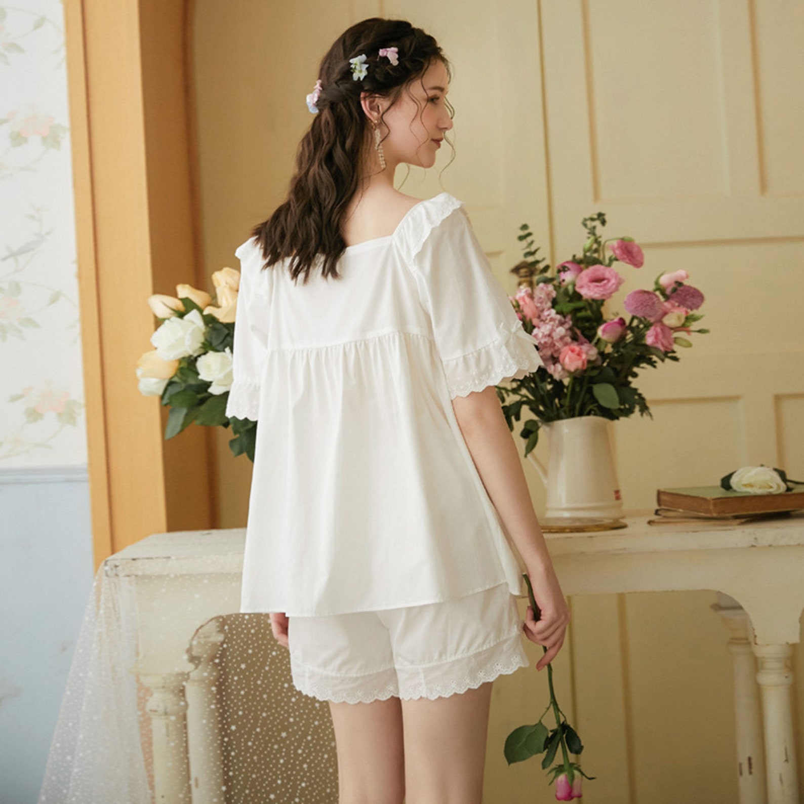 Women Summer Cotton White Pajamas Set Square Collar Short | Etsy