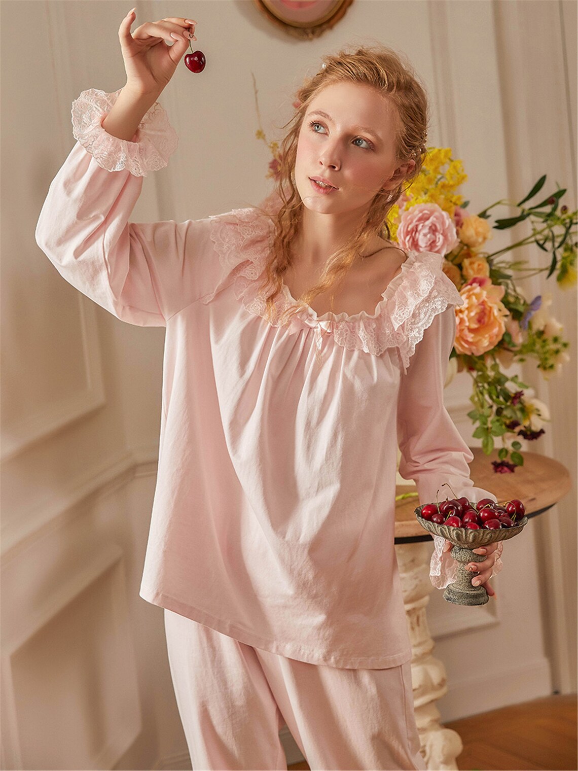 Women Cotton Lace Pajamas Sets Casual Long Sleeve Homewear Etsy