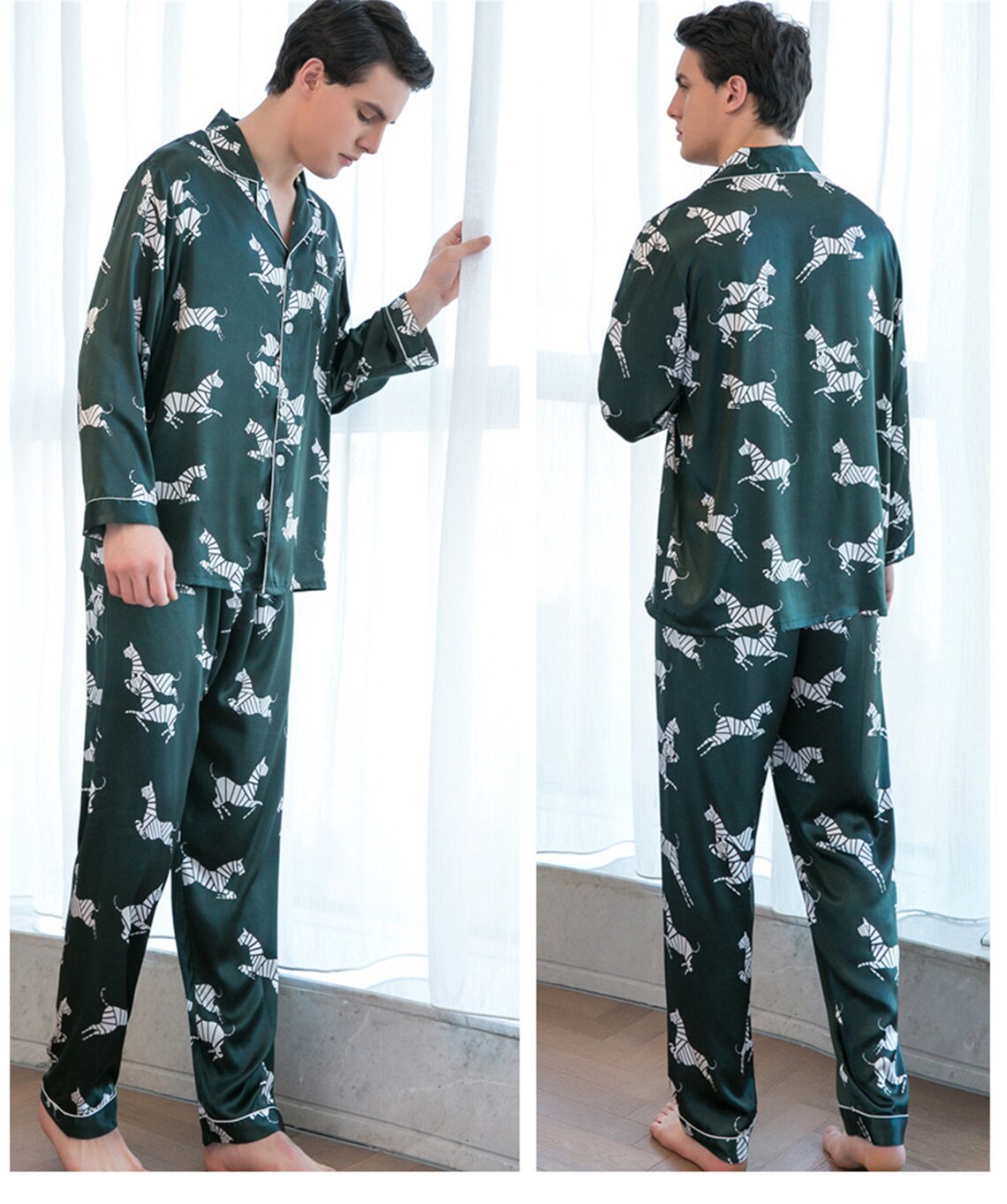 Green Zebra print Couple Silk Pajamas Set Long Sleeves Etsy