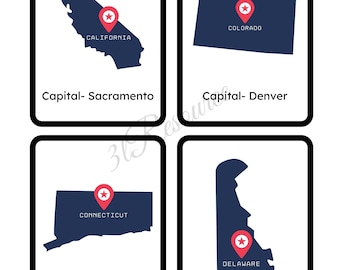 50 US Bundesstaaten & Hauptstädte Elementary Homeschool Flash Cards