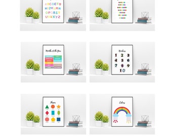 Bunte Wandkunst, Lernposter, Lernposter für Schlafzimmer, Spielzimmer oder Homeschool, Klassenzimmer, ABC, Zahlen, Tage, Monate
