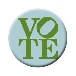 May include: A blue and green button with the word "VOTE" in large, bold, green letters.