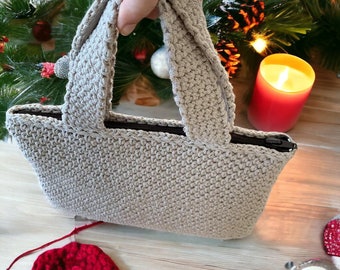 Beige häkeln Einkaufstasche für Frauen, Strickseil Handtasche, Stilvolle Sommer Strick Strandtasche mit Innentasche und Reißverschluss