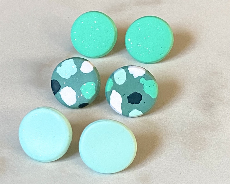 Mint terrazzo teal glitter circle polymer clay stud pack earrings