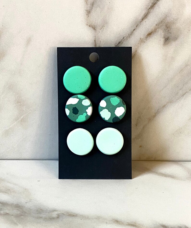 Mint terrazzo teal glitter circle polymer clay stud pack earrings