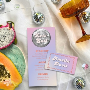 Last Disco Bachelorette Food Menü- und Tischkartenvorlagen, digitale und druckbare Hennen Wochenende Requisiten für Tischdekorationen, Party Namensschilder