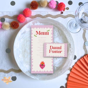 Mexikanische Bachelorette Essen Menü und Tischkarten Vorlagen, digitale und druckbare Hennen Wochenende Requisiten für Tischdekoration, rosa Party Namensschilder