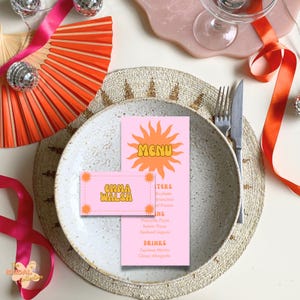 Festival Bachelorette Food Menü und Platzkarten Vorlagen, digitale und druckbare Hennen Wochenende Requisiten für Tischdekoration, rosa Party Namensschilder