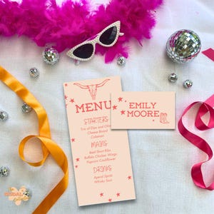 Cowgirl Bachelorette Food Menü- und Tischkartenvorlagen, digitale und druckbare Hennen Wochenende Requisiten für Tischdekorationen, Western Party NameTags