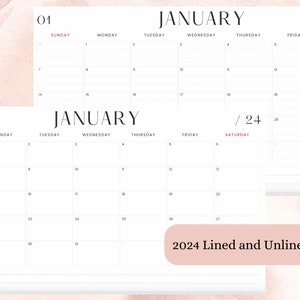 Könnte beinhalten: Zwei weiße Januar-Kalender 2024 mit minimalistischem Design. Die Kalender haben ein klares Layout mit roten Akzenten für Daten und Überschriften. Der Text "2024 Lined and Unlined Calendar" steht unten. Der Hintergrund hat einen weichen, aquarellartigen Effekt.