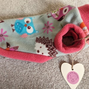 Winter Dog Jumper in Owl & Fox Design, made from water resistant soft polar fleece, Dachshund and average dog styles