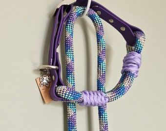 Dog Collar and Lead Set, Handmade from Premium Paracord rope & purple BioThane, 15.5 to 17in adjustable collar