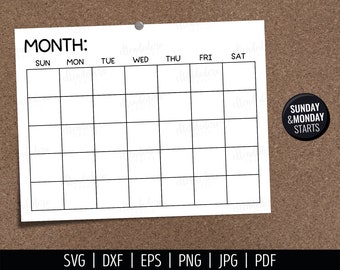 Blank Calendar SVG. Digital Monthly Calendar Vector Cut Files Cutting Machine. Printable Handwritten Calendar Download Month Planner pdf dxf