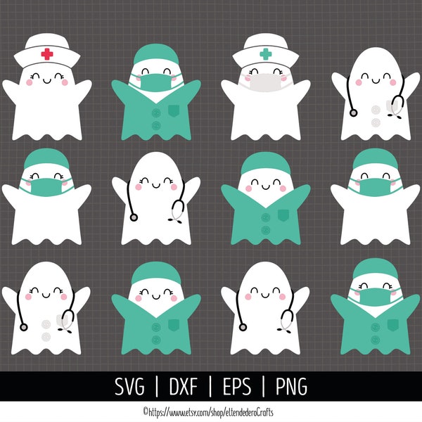 Ghost with Stethoscope SVG. Hospital Workers Clipart PNG. Nurse Hat, Surgery Doctor Coat. Kids Halloween Vector Cut Files Cutting Machine