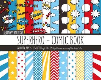 Superhero Digital Paper Pack. Action Words Comic Sounds Seamless Patterns. Comic Book Backgrounds. Printable Speech Bubble Digital Scrapbook