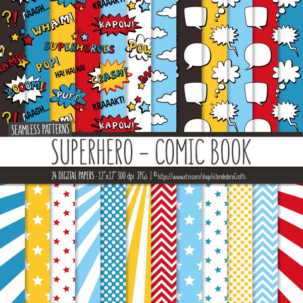 Superhero Digital Paper Pack. Action Words Comic Sounds Seamless Patterns. Comic Book Backgrounds. Printable Speech Bubble Digital Scrapbook