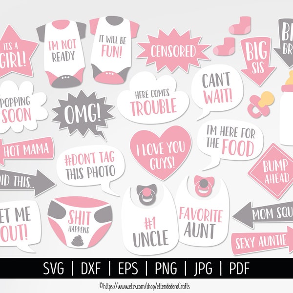 Funny Baby Photo Booth Props SVG. Baby Speech Bubbles Vector Cut Files, eps dxf. Printable Girl Baby Shower Selfie Station Accessories PNG