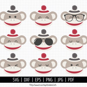Sock Monkey SVG. Cheeky Monkey Faces Clipart. Baby Cut Files Bundle. Vector Files for Cutting Machine png dxf eps jpg pdf Instant Download