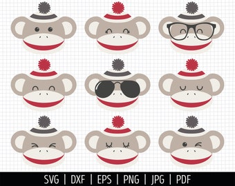 Sock Monkey SVG. Cheeky Monkey Faces Clipart. Baby Cut Files Bundle. Vector Files for Cutting Machine png dxf eps jpg pdf Instant Download